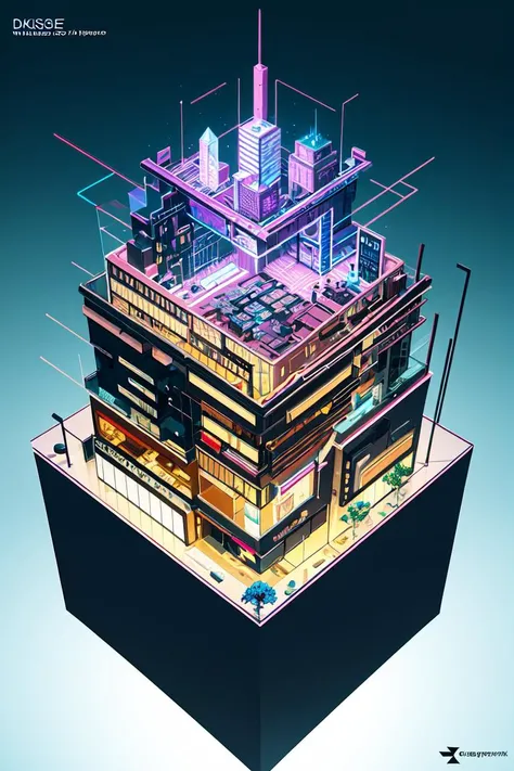 dskise, (isometric) , (flower), (vaporwave), isometric cutaway of a crystalized dilapidated city, cityscape, volumetric lighting ,FXAA, Chromatic Aberration, Concept Art, 8k Concept Art, Greg Rutowski, (unreal engine), octane render, dskise