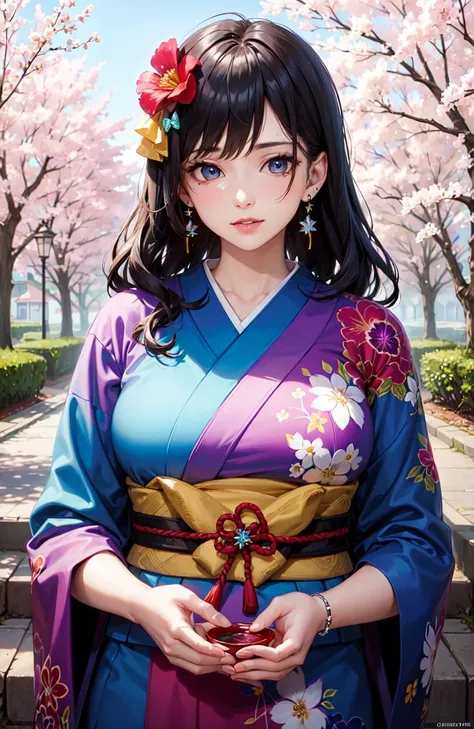 shukezouma, octane render, hdr, (hyperdetailed:1.15), (soft light, sharp:1.2), 1girl, beautiful girl, ultra detailed eyes, mature, plump, thick, rainbow painting drops, paint teardrops, woman made up from paint, entirely paint, splat, splash, long colored hair, kimono made from paint, ultra detailed texture kimono, rainbow paint kimono, paint bulb, paint drops, (hair ornaments, earrings, flowers hair ornaments, butterflies hair ornaments), outdoors, sakura trees