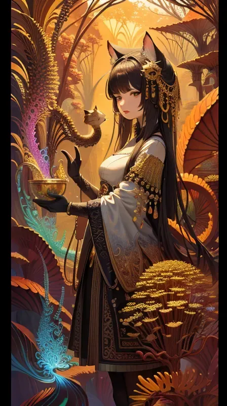 (masterpiece, top quality, best quality, official art, beautiful and aesthetic:1.2), (fractal art:1.3), (extreme detailed:1.2),highest detailed, 1girl,cat, Platycerium, Alocasia,colorful