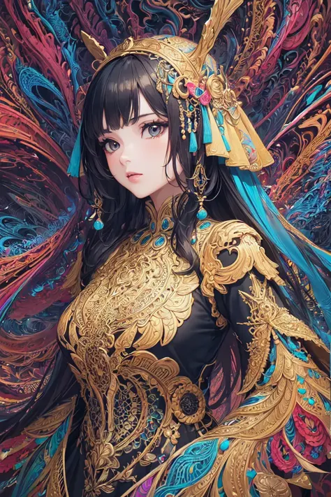 (masterpiece, top quality, best quality, official art, beautiful and aesthetic:1.2), (1girl:1.3), extremely detailed,(fractal art:1.2),colorful,highest detailed,(zentangle:1.2), (dynamic pose), (abstract background:1.5), (treditional dress:1.2), (shiny skin), (many colors:1.4), upper body