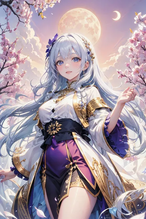 A fantastical scene, beautifully detailed bust shot of a woman with colorful finely-detailed eyes and a flowing, intricate skirt, surrounded by a floral meadow, a sky filled with pink and purple hues, a flying petal, the light of the moon, a soft glow, smiles, white hair flowing, depth to the composition, delicate and detailed, magical and enchanting atmosphere,
art by the coen brothers ,
(photographed on a Canon 1DX Mark II with Canon 500mm lens, 1/320th, f/4, ISO 800),
 <lora:gachaSplash_v40:1>[(white background:1.5), ::5] hexagon,   <lora:shojovibe_v11:1:ins>,  <lora:FashionMagazineStyle_v10:1:outd2>