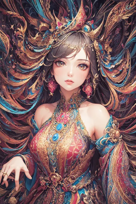 (masterpiece, top quality, best quality, official art, beautiful and aesthetic:1.2), (1girl:1.3), extremely detailed,(fractal art:1.2),colorful,highest detailed,(zentangle:1.2), (dynamic pose), (abstract background:1.5), (treditional dress:1.2), (shiny skin), (many colors:1.4), upper body