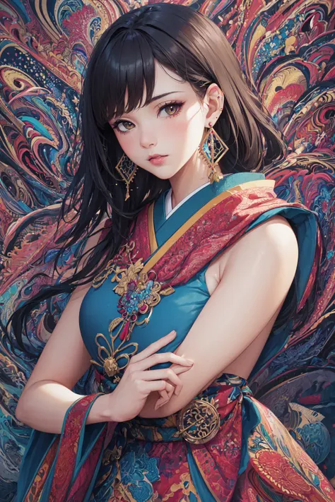 (masterpiece, top quality, best quality, official art, beautiful and aesthetic:1.2), (1girl:1.3), extremely detailed,(fractal art:1.1),(colorful:1.1),highest detailed,(zentangle:1.2), (dynamic pose), (abstract background:1.5), (japanese dress:1.2), (shiny skin), (many colors:1.4), ,(earrings:1.4),