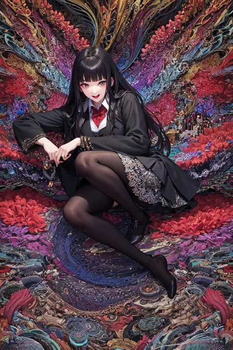 (masterpiece, top quality, official art, beautiful and aesthetic:1.2), (1girl:1.3), extremely detailed, (fractal art:1.2), colorful, highest detailed, (zentangle:1.2), (dynamic pose), (abstract background:1.5), (treditional dress:1.2), (shiny skin), (many colors:1.4), upper body, masterpiece, looking at viewer, smile, open mouth, large breasts, black hair, red eyes, very long hair, school uniform, white shirt, pleated skirt, tongue, collared shirt, blunt bangs, Lateral face, Full-body photo, best quality <lora:YumekoJabamiLora:0.8>, mask pull, depth of field, close-up, character chart, projected inset, bokeh, best quality, 4K