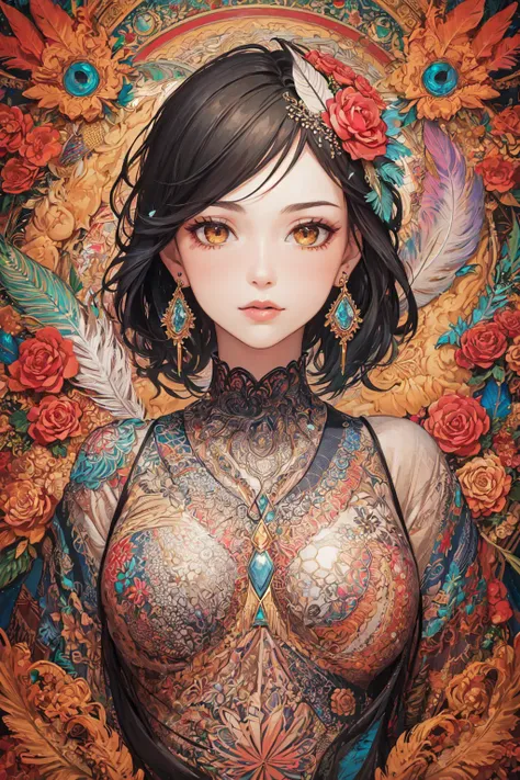 (masterpiece, top quality, best quality, official art, beautiful and aesthetic:1.2), (1girl:1.3), extremely detailed,(fractal art:1.1),(colorful:1.1)(flowers:1.3),highest detailed,(zentangle:1.2), (dynamic pose), (abstract background:1.3), (shiny skin), (many colors:1.4), ,(earrings:1.4), (feathers:1.4)