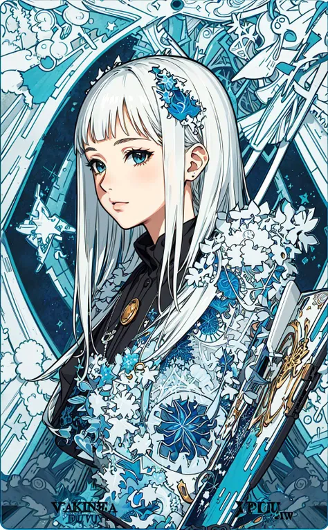 (masterpiece, top quality, best quality, official art, beautiful and aesthetic:1.2), (((1girl))), extreme detailed,(fractal art:1.3),colorful,highest detailed,<lora:animeTarotCardArtStyleLora_v31:1>,upper body, silver hair, close-up, Lateral face
