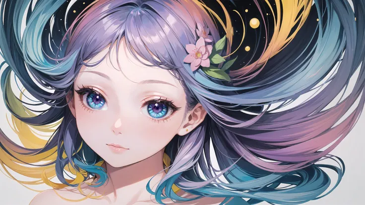 (flat color:1.1),((colorful:1.3)), looking at viewer, 1girl, solo, water colored, extremely detailed, intricate detail, painting, vibrant, varying color, pink, yellow, blue, red, purple, masterpiece, ultra-detailed, illustration, 4k, high-res, best quality, eyes, face, beautiful,
