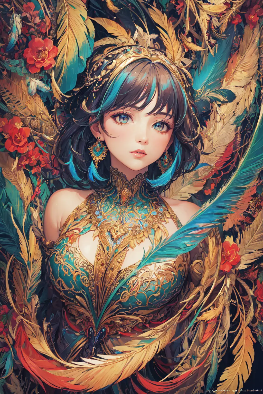 (masterpiece, top quality, best quality, official art, beautiful and aesthetic:1.2), (1girl:1.3), extremely detailed,(fractal art:1.1),(colorful:1.1)(flowers:1.3),highest detailed,(zentangle:1.2), (dynamic pose), (abstract background:1.3), (shiny skin), (many colors:1.4), ,(earrings:1.4), (feathers:1.4)