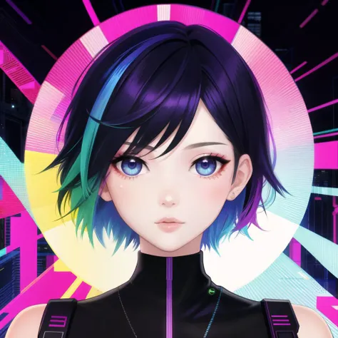 fractal art, flat color, rainbow hair, short hair, close up of woman on street, cyberpunk, 1girl, fractal pattern, masterpiece, unique, beautiful lights, extremely detailed bright blue eye