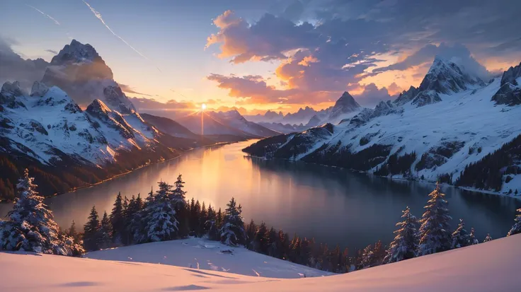 ((masterpiece,best quality,ultra detailed,ultra high res)),sunrise,alpine, floe,river,cumulonimbus cloud,woods,sunlight,chiaroscuro,