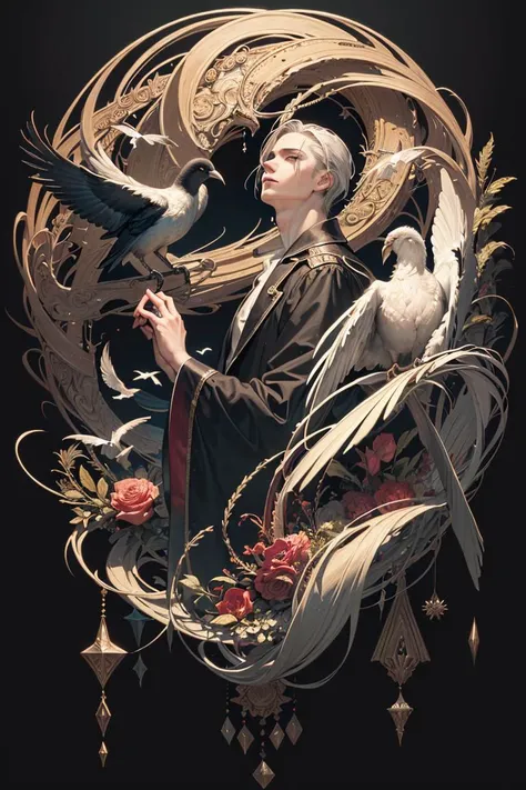 realistic,  (masterpiece, top quality, best quality, official art, beautiful and aesthetic:1.2), 
extremely detailed,fractal art,colorful,highest detailed,zentangle,(abstract background:1.5)
(1boy:1.3), (birds),silver hair, bright eyes,hair slicked back, short hair, black robe,