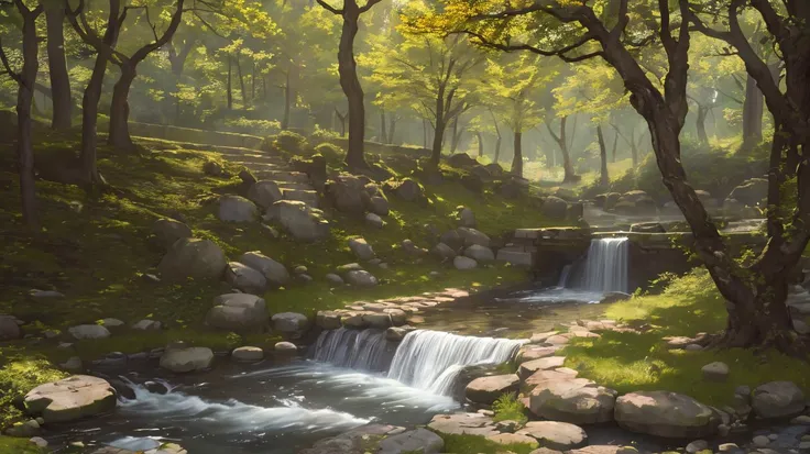 ((masterpiece,best quality,ultra detailed,ultra high res)),woods,falling leaves, stone, bush, dappled sunlight, brick road, river,