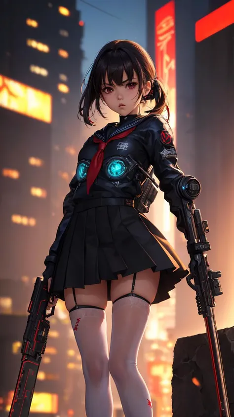 photorealistic,((masterpiece,best quality,ultra detailed,ultra high res)),1girl,sideways,standing,solo focus,mechanical arms,(black serafuku),weapon,serious,disgust,ruins,realistic,cyberpunk,distant,zettai ryouiki,