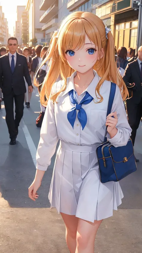 ((masterpiece,best quality,ultra detailed,ultra high res)),1girl,sideways,solo focus,walking,white school uniform,bag, dusk, sunlight,light smile,looking at viewer, crowd, chiaroscuro,