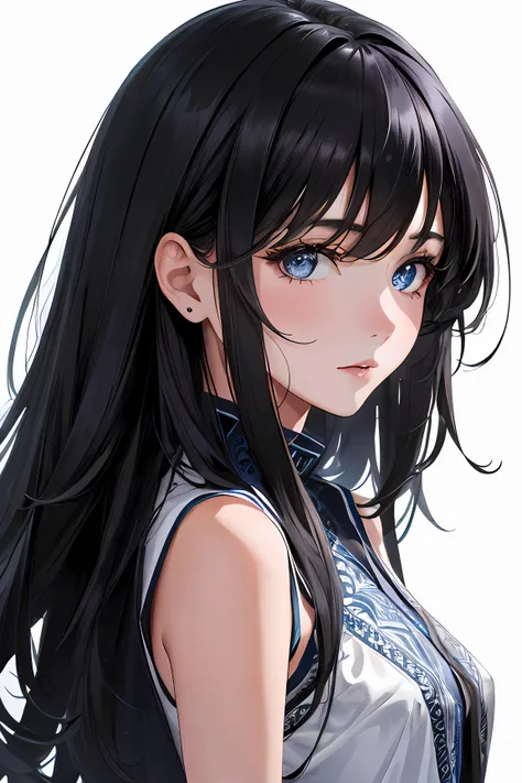 , long eyelashes, 1girl, cute, young, mature face, Japanese woman, (bangs, black_hair, hair_between_eyes, medium_hair:1.2)  realistic face, realistic body,, (Master's work), (zentangle:1.2), negative space, Tyndall Effect, light background,(white background:1.5), (full body), shiny skin, shiny hair, vibrant color,, absurdres, high-res, ultra-detailed, scenery,
