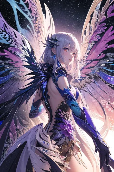 1girl, cute, ultra detailed, (fractal art:1.4), colorful, detailed background, (fractals in background:1.2), space and stars, wings on her back, high contrast, ray tracing, cinematic lighting, (from front:0.6)