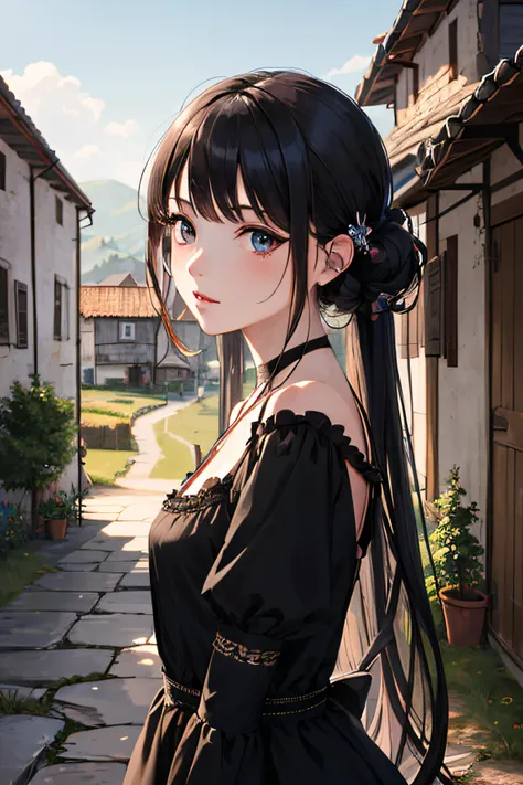 (masterpiece, best quality, ultra-detailed, illustration), beautiful face, perfect body, 1girl, solo, dress, straps, village, old houses, outdoors, folk, legends