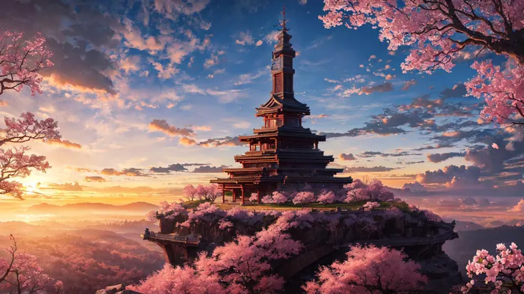 (masterpiece, best quality:1.2), ultra detailed, cinematic lighting, HDR, ilustration, landsape, sunrise, cherry blossom, impressive, chill, inspirational,