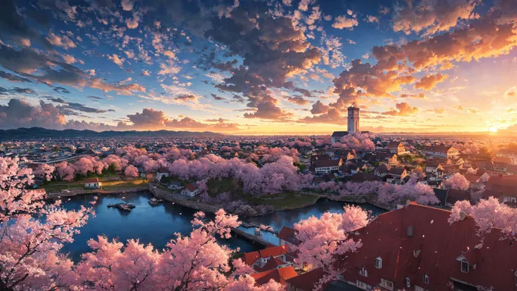 (masterpiece, best quality:1.2), ultra detailed, cinematic lighting, HDR, ilustration,  landsape,  sunrise,  cherry blossom, impressive, chill, inspirational,