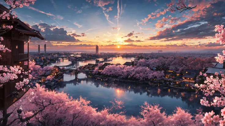 A beautiful sunset over a river with pink flowers and a pagoda - SeaArt AI