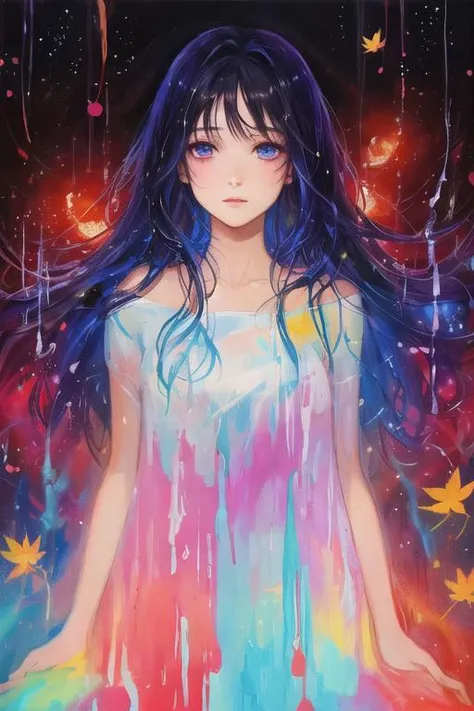 1girl, a painting by mse a woman by agnes cecile, luminous design, pastel colours, ink drips, autumn lights
