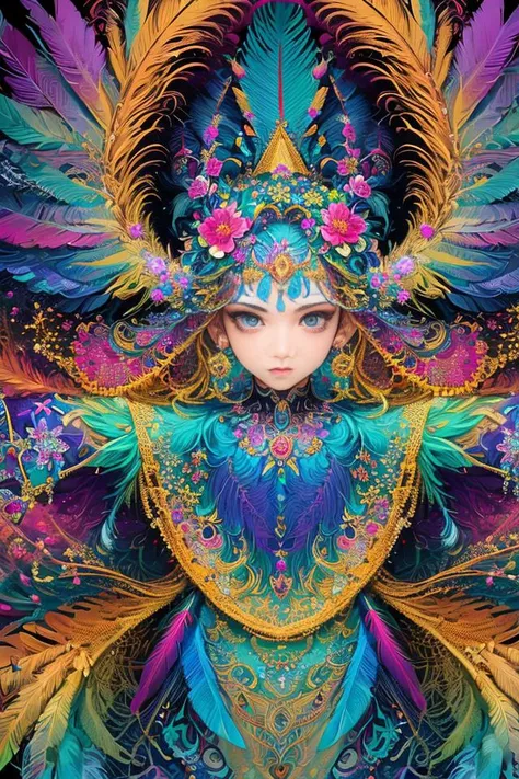 (masterpiece, top quality, best quality, official art, beautiful and aesthetic:1.2), (1girl:1.3), extremely detailed,(fractal art:1.1),(colorful:1.1)(flowers:1.3),highest detailed,(zentangle:1.2), (dynamic pose), (abstract background:1.3), (shiny skin), (many colors:1.4), ,(earrings:1.4), (feathers:1.4)
