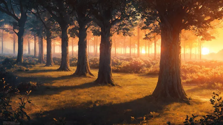 (masterpiece, best quality:1.2), ultra detailed, cinematic lighting, HDR, ilustration, sunrise, forest, impressive, chill, inspirational,