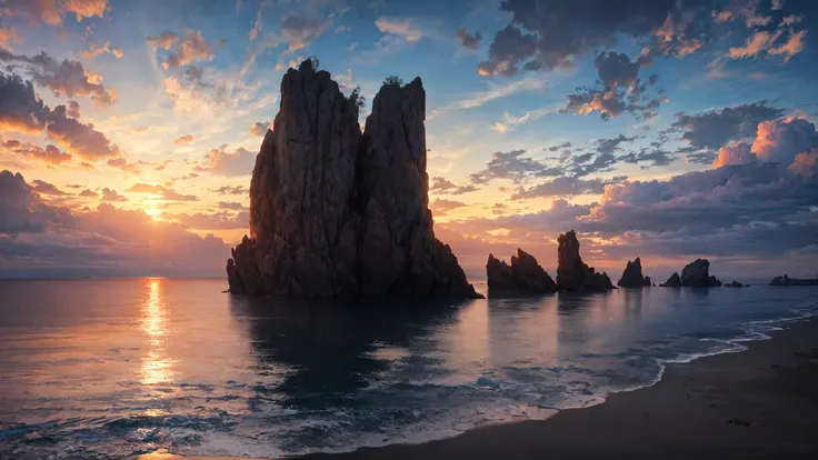 (masterpiece, best quality:1.2), ultra detailed, cinematic lighting, HDR, ilustration, landsape, sunrise, beach, impressive, chill, inspirational,