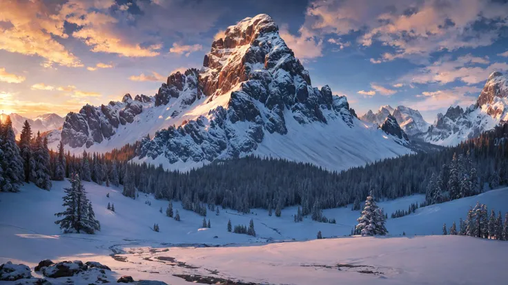 (masterpiece, best quality:1.2), ultra detailed, cinematic lighting, HDR, ilustration, sunrise, snow mountain, impressive, chill, inspirational,