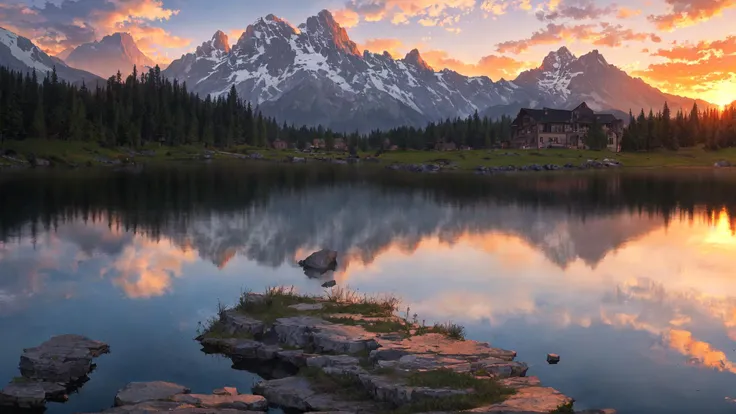 (masterpiece, best quality:1.2), ultra detailed, cinematic lighting, HDR, ilustration, sunrise, lake, impressive, chill, inspirational,