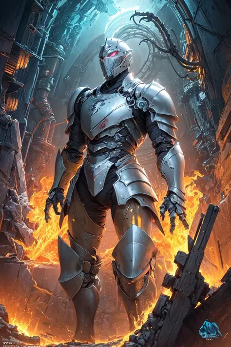 (masterpiece, top quality, best quality, official art, beautiful and aesthetic:1.2),(1man with full armor:1.3),neon lighting, (vibrant glow:1.2), extreme detailed,colorful,highest detailed ((ultra-detailed)), (highly detailed CG illustration),cinematic light,solo,(machine made joints:1.2),((machanical limbs)),(blood vessels connected to tubes),(character focus),science fiction