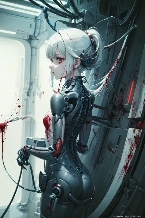 (masterpiece, top quality, best quality, official art, beautiful and aesthetic:1.2), (1girl:1.3), extreme detailed,colorful,highest detailed ((ultra-detailed)), (highly detailed CG illustration), ((an extremely delicate and beautiful)),(from side),cinematic light,((1mechanical girl)),white hair,red eyes,solo,full body,(machine made joints:1.2),((machanical limbs)),(blood vessels connected to tubes),(mechanical vertebra attaching to back),((mechanical cervial attaching to neck)),(sitting),expressionless,(wires and cables attaching to neck:1.2),(wires and cables on head:1.2)(character focus),science fiction,(blood:1.5),(stasis pod:1.5),(in container:0.6), <lora:zyd232_StasisPod_v1_0:0.85>