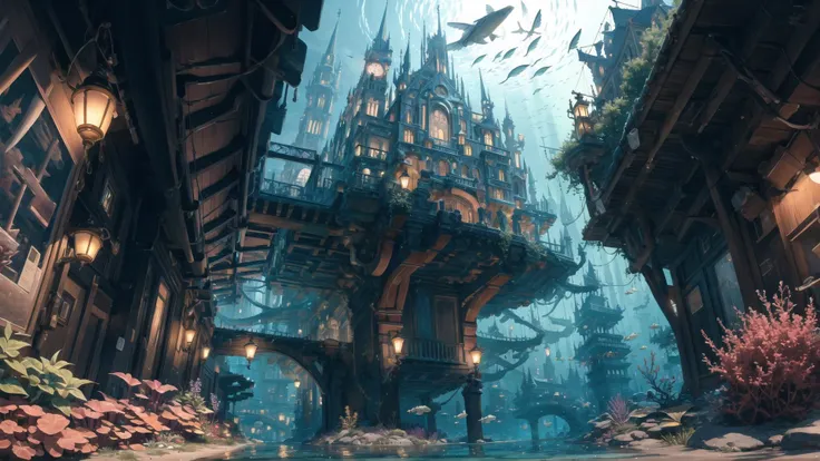 (masterpiece, best quality:1.2), ultra detailed, cinematic lighting, HDR, ilustration, landsape,(underwater),underwater city,city street , impressive, chill, inspirational