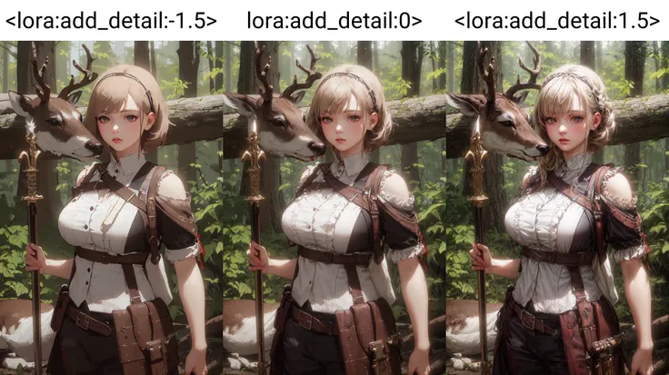 hunter, carrying, dead deer, forest, spear, holding_weapon,  <lora:add_detail:-1.5>, 1girl, solo, wide_shot,, outdoors,, (masterpiece:1.3), (best_quality:1.3), (ultra_detailed:1.3), 8k, extremely_clear, realism, (ultrarealistic:1.3),