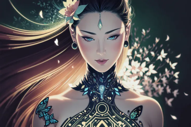 ichiro, Best quality, masterpiece, ultra high res, (photorealistic:1.4),absurdres, nipple sticker, CircuitBoardAI woman, intricate details,earrings, necklace, super long hair, flowers, petals, wind, butterfly,CircuitBoardAI on skin, filigree,
<lora:CircuitBoardAI:0.9> <lora:ichirov11:0.86>