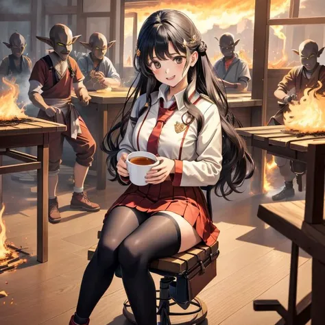<lora:goblin_v0.1a:1>, 1girl, a cute young anime schoolgirl in a white uniform, in the middle of a large room, indoors, (sitting on a wooden chair at a wooden table drinking from a single mug), indoors, in a tavern that is burning down, a massive volcano erupting in the background, full body, smiling, masterpiece, best quality, highly detailed, surrounded by fire, wildfire in the background, everything burning, <lora:Fire_VFX-000010:0.7> GOBLINS ATTACKING, GOBLINS JUMPING, GOBLINS CIRCLE FORMATION, 50GOBLIN, GOBLIN, multiple boys
