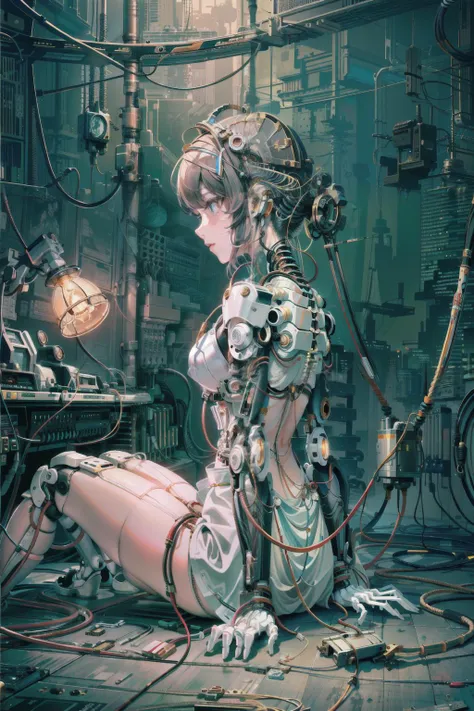 (((masterpiece))), (((best quality))), ((ultra-detailed)), (highly detailed CG illustration), ((an extremely delicate and beautiful)),(from side),cinematic light,((1mechanical girl)),solo,full body,(machine made joints:1.2),((machanical limbs)),(blood vessels connected to tubes),(mechanical vertebra attaching to back),((mechanical cervial attaching to neck)),(sitting),expressionless,(wires and cables attaching to neck:1.2),(wires and cables on head:1.2)(character focus),science fiction,extreme detailed,colorful,highest detailed