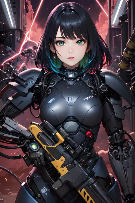 science fiction, (masterpiece, best quality, ultra detailed), ((multicolored hair, black hair, blue hair)), green eyes, suffering, (1girl:1.6), dynamic streaks, vibrant colors, technology, manga influence, comic, gun, mechagirl, full armour, cables, extreme detailed wallpaper, ((mechanical limbs)), expressionless, biomechanical, mecha