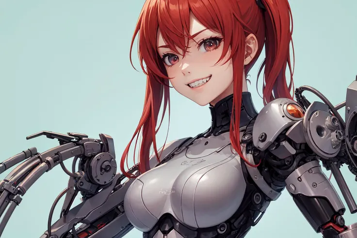 high quality, cg, anime, waifu, red hair, (solid background:1.3), ribs:1.4, (mechanical limbs), (machine made joints:1.2), (scales), devious grin
