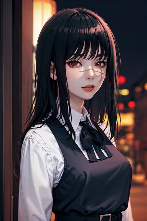 (masterpiece, top quality, best quality, official art, beautiful and aesthetic:1.2), (1girl:1.3), (fractal art:1.3), <lora:yoru:1>, yoru, 1girl, long hair, black hair, red eyes, scar on face, ringed eyes, (pinafore dress, black belt, black ribbon), night city, luminous signs, upper-body, looks at the viewer
