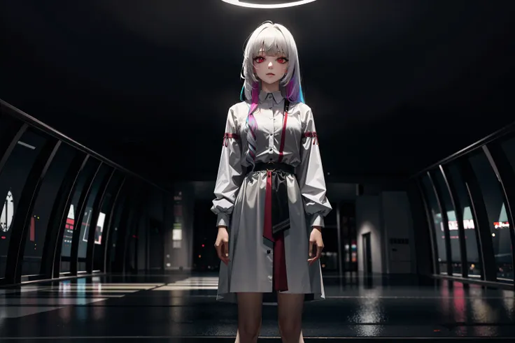dark theme, highres, masterpiece, top quality, best quality, official art, (beautiful and aesthetic:1.2), (colorful:1.3), (1girl:1.3), standing, red eyes, white hair, long messy hair, colorful inner hair, white collared dress, (sweat, moist skin), plane interior, colorful explosion, fractal art, night city landscape, depth of field, dim lighting, dramatic, <lora:LowRA:0.6>