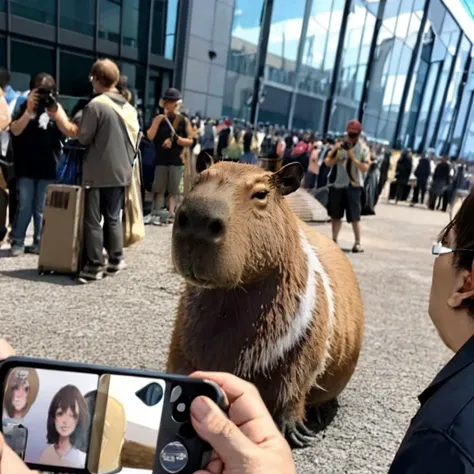 masterpiece, best quality, 8K,  (capybara), a few people are taking photo of a (capybara),  pov,realistic,crowd,multiple girls,multiple boys, coslplay, photo background, <lora:capi-09:0.85>,  <lora:de:0.9>