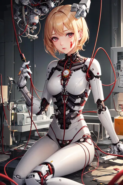 (((masterpiece))), (((best quality))), ((ultra-detailed)), (highly detailed CG illustration), ((an extremely delicate and beautiful)), (cute delicate face), cinematic light, ((1mechanical girl)), solo, full body, (machine made joints:1.4), ((machanical limbs)), (explosed muscles), (blood vessels connected to tubes), (a brain in container:1.3), ((mechanical vertebra attaching to back)), ((mechanical cervial attaching to neck)), ((sitting)), expressionless, (wires and cables attaching to head and body:1.5), small breasts, short hair, (character focus), science fiction