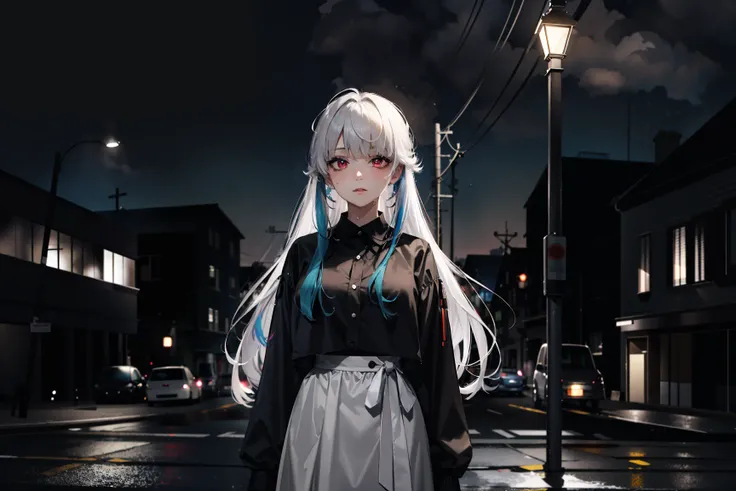 dark theme, highres, masterpiece, top quality, best quality, official art, (beautiful and aesthetic:1.2), (colorful:1.3), (1girl:1.3), standing, red eyes, white hair, long messy hair, colorful inner hair, white collared dress, (sweat, moist skin), church, (colorful explosion), fractal art, night city landscape, depth of field, dim lighting, dramatic, <lora:LowRA:0.6>