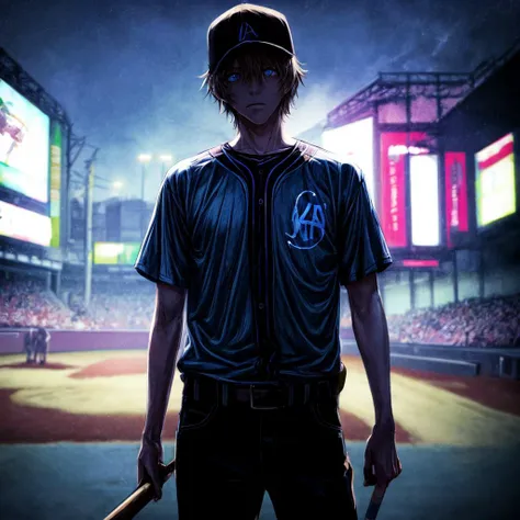 masterpiece, best quality, absurdres, science fiction, human male, blue glowing eyes, anime,2d, depth of field, bokeh, <lora:add_detail:2> cowboy shot, holding cigarette, baseball cap, holding baseball bat,