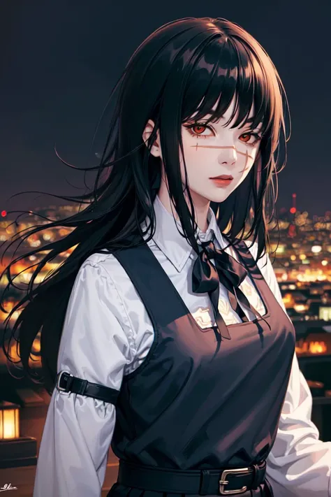 (masterpiece, top quality, best quality, official art, beautiful and aesthetic:1.2), (1girl:1.3), (fractal art:1.3), <lora:yoru:1>, yoru, 1girl, long hair, black hair, red eyes, scar on face, ringed eyes, (pinafore dress, black belt, black ribbon), night city, luminous signs, upper-body, looks at the viewer