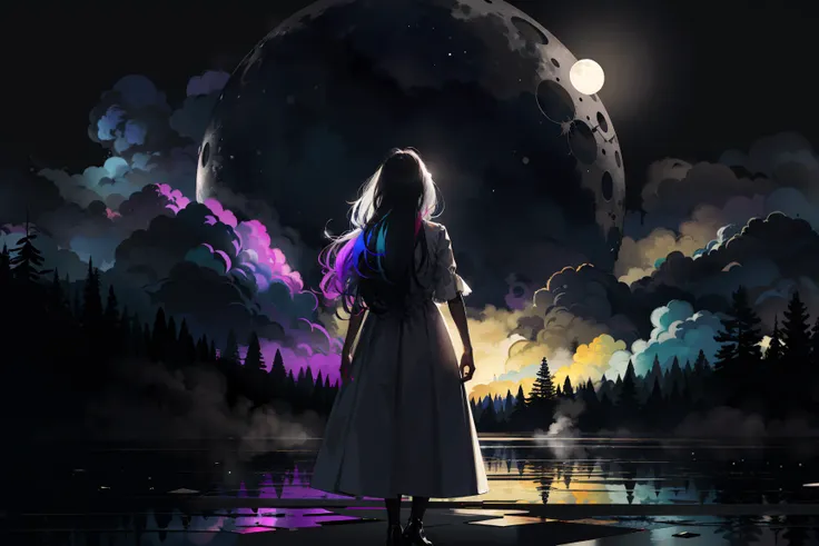 dark theme, highres, masterpiece, top quality, best quality, official art, (beautiful and aesthetic:1.2), (colorful:1.3), (1girl), standing, from behind, white hair, long messy hair, colorful inner hair, white collared dress, (moist skin), moon, (explosion of colors:1.4), fractal art, rain, night abandoned city, depth of field, dim lighting, dramatic, <lora:LowRA:0.6>