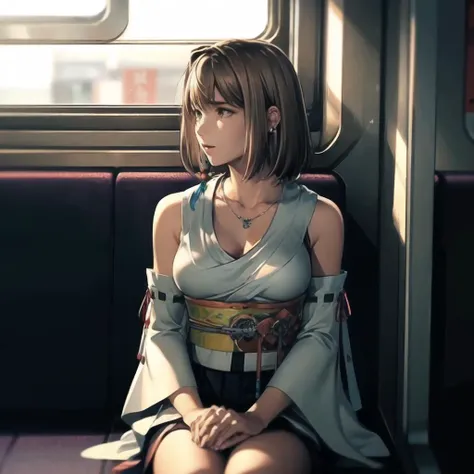 (the best quality), extremely detailed CG unity wallpaper,original,high resolution,high details, extremely detailed skin,1girl, solo, jewelry, detached sleeves, necklace, blue-beaded earring, hakama skirt <lora:YunaFFX-V2:0.8>, YunaFFX, ultra high res,highly detailed, detailed face, solo cute woman,medium breasts, (masterpiece, high quality, 8K, best illustration),gorgeous goddess, (rich:1.4), hair blowing charming, alluring, dreamlike, royal cloak, ((thick bangs)),night, light spot, sitting, in the train, window, tokyo, people crowding, suitcase