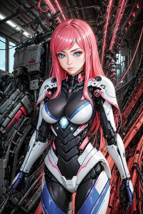 science fiction, (masterpiece, best quality, ultra detailed), ((multicolored hair, pink hair, blue hair)), suffering, (1girl:1.6), dynamic streaks, vibrant colors,  technology, manga influence, comic, gun, mechagirl, full armour, cables, extreme detailed wallpaper, ((mechanical limbs)), expressionless, biomechanical, mecha, blue eye, <lora:kaonyo-v1:0.5>