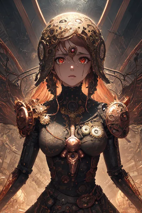 (masterpiece, best quality, absurdres:1.4), (highly detailed CG illustration), cinematic light, (official art:2.0), 1girl, upper body, mechanical wings, (by Dave Seeley:1.7), (Maximalism:2), (complicated background, complicated decorations, complicated dress, gold decorations, copper decorations:2), (red blood eyes, crying, tears:1.4), (eye mask:1.2), (extreme detailed:1.5),(fractal art:1.7),highest detailed, clockpunk, steampunk, gears, cubism, mechanical, asymmetrical,